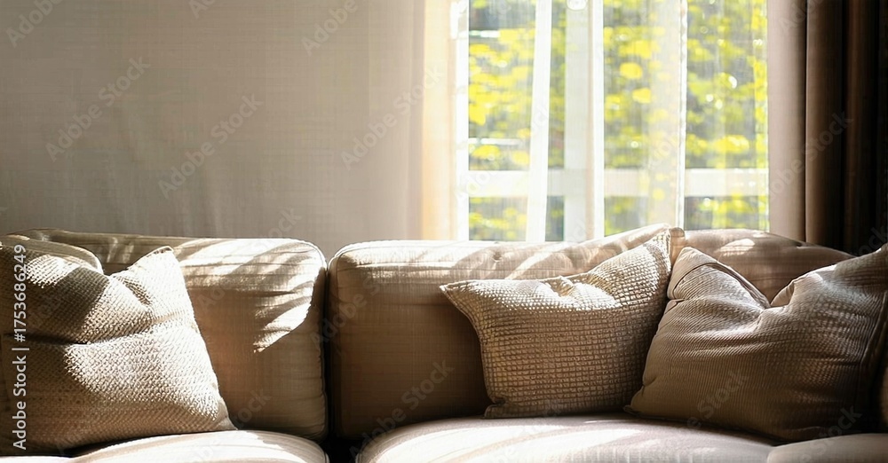 Fototapeta premium Cozy sofa near window. Soft light creates warm atmosphere. Pillows invite relaxation, simple interior design. Calm scene.