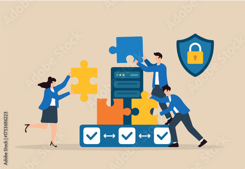 Flat illustration of three people locking puzzle pieces around server to form secure network against cyber attacks