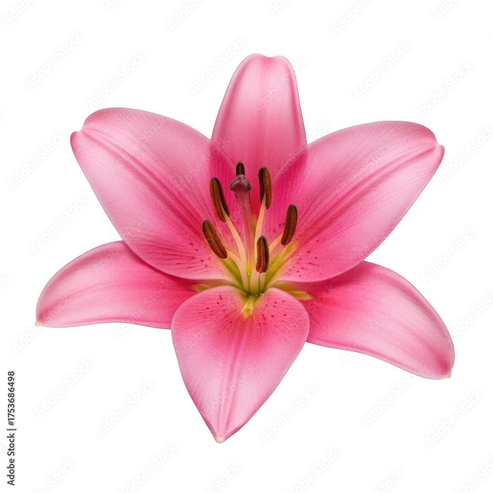 Obraz premium Vibrant pink lily flower close-up beautiful petals intricate stamen detailed floral photography
