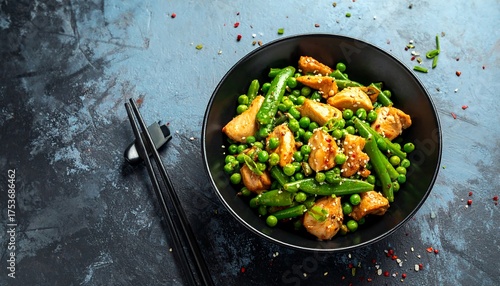 A top-down shot showcases a black bowl of stir-fried chicken and vegetables, including peas and green beans. Chopsticks are placed by the bowl