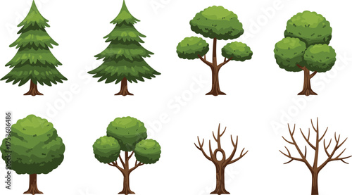Tree illustrations, seasonal foliage and bare branches, coniferous and deciduous trees, top view icons, vector nature symbols, landscape design