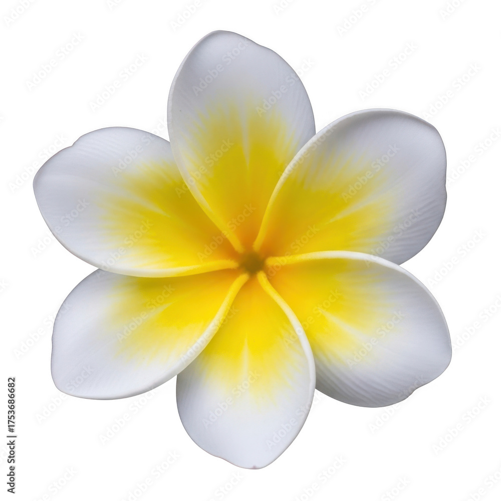 Fototapeta premium Beautiful white and yellow frangipani flower isolated detail realistic tropical bloom