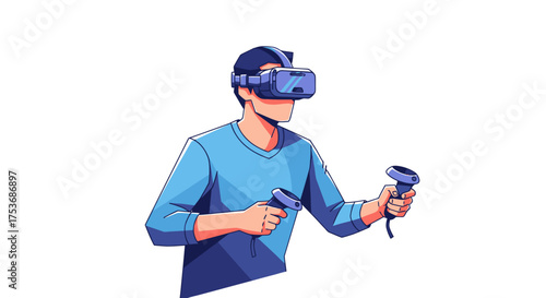 Man wearing a virtual reality headset and holding controllers.