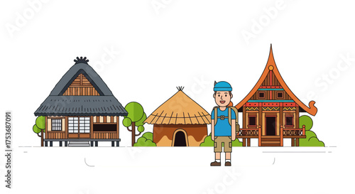 Traditional Village Scene with Diverse Architectural Styles and a Person.