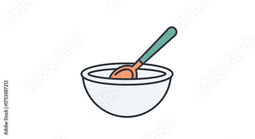 A simple cartoon illustration of a white bowl with a colorful spoon resting inside.