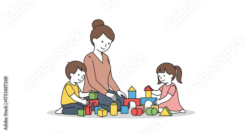Woman and two children playing with colorful building blocks hand-drawn illustration.