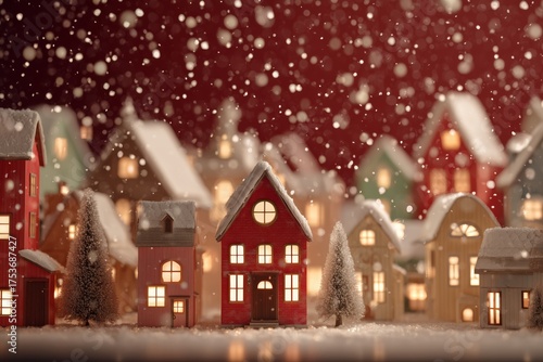 Charming Winter Village Scene With Miniature Houses Under Falling Snowflakes ...