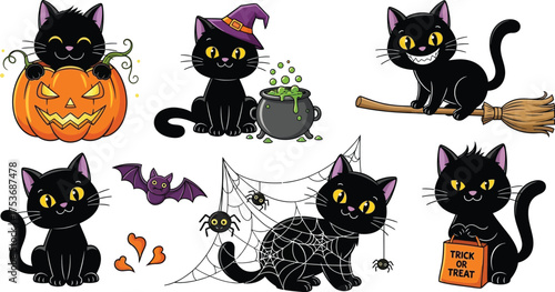 Vector art of cute cartoon black cat collection for halloween