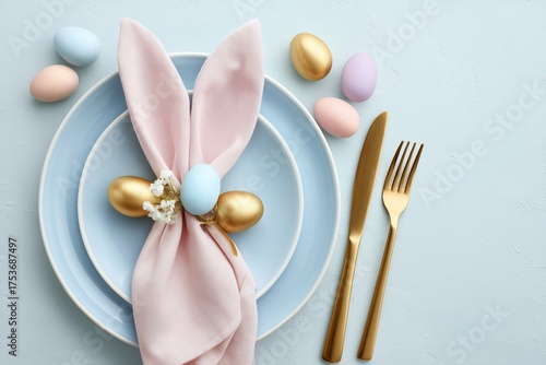 Colorful Easter Table Setting With Bunny Ears Napkin and Decorative Eggs for ...