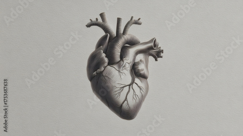 Black and white illustration of human heart with visible veins and arteries for medical education concept. Anatomy diagram. Health care illustration on paper.