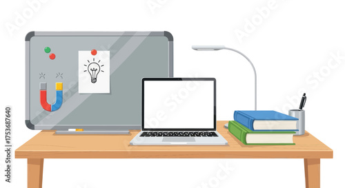 Workspace with Laptop Whiteboard Books and Lamp.