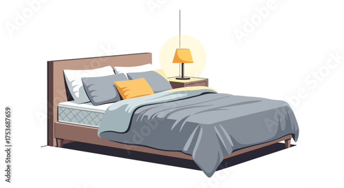 Cozy bedroom scene with a neatly made bed and bedside lamp.
