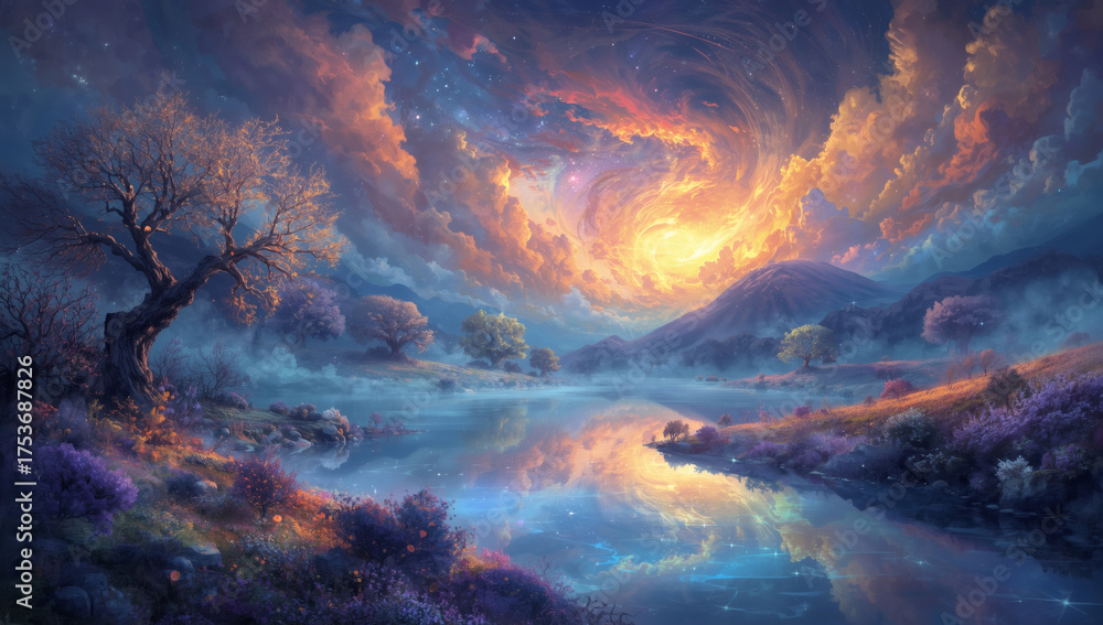 Fototapeta premium acrylic style dreamscape, acryl dreams. bright acrylic landscape with river and clouds