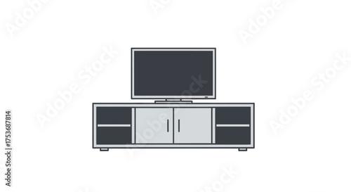 Modern flat screen television set on a long low media cabinet with shelves and doors.