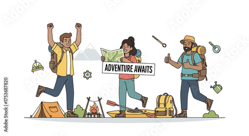 Three happy hikers with backpacks and camping gear celebrating adventure.