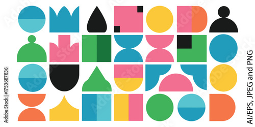 Vector art of abstract geometric shapes in a grid pattern, colorful and minimalist design