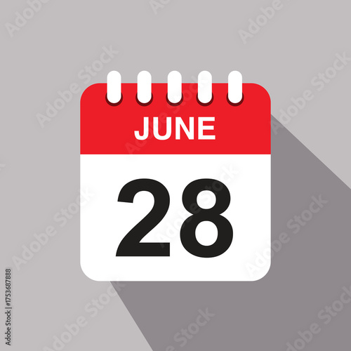 28 june calendar date icon. vector illustration with shadow design