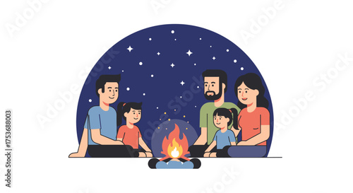 Family Camping Around Campfire Under Starry Night Sky.