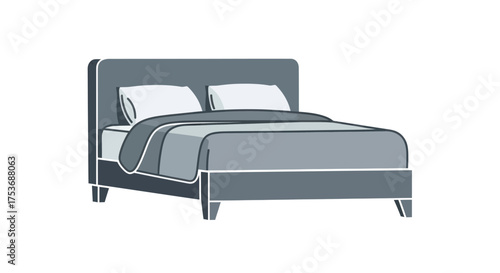 Modern grey double bed with a tall headboard and white pillows isolated vector illustration.