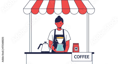 Coffee Vendor at Stall with Red and White Awning.