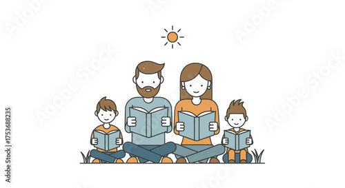 Family Reading Together: Parents and Children Enjoying Books Outdoors.