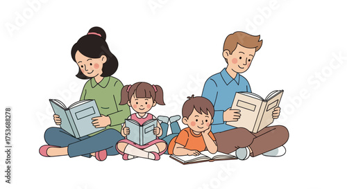 Happy Cartoon Family Reading Books Together Learning and Bonding.