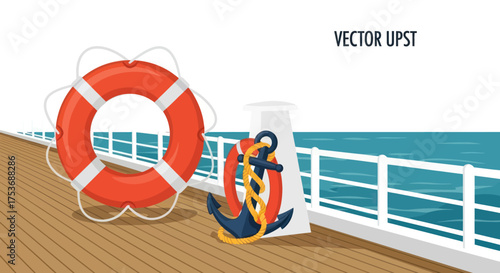 Nautical Scene with Orange Lifebuoy and Blue Anchor on a Wooden Pier.