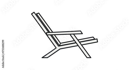 Minimalist black line art icon of a classic wooden Adirondack deck chair for outdoor relaxation.