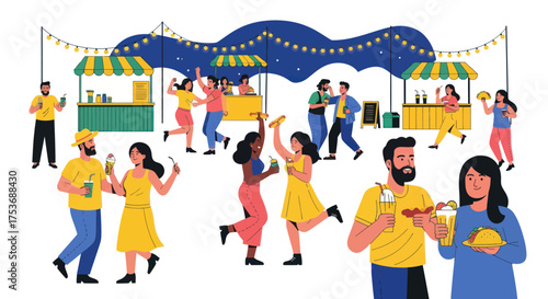 Festive Outdoor Celebration with Food Stalls and Cheerful People Enjoying Themselves.