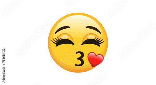 A yellow emoji face with closed eyes and long eyelashes blowing a kiss with a red heart.