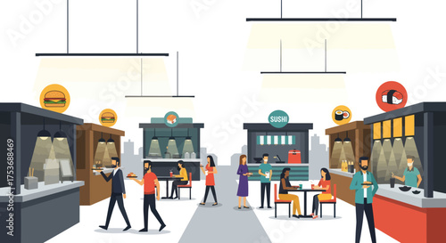 Cartoon Illustration of Busy Shopping Mall Interior with Shoppers.