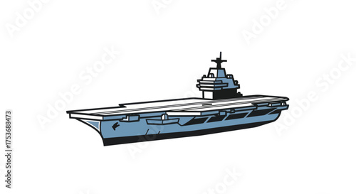 A detailed illustration of a modern aircraft carrier ship.