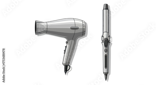 Modern Silver Hair Dryer and Curling Iron for Hair Styling.