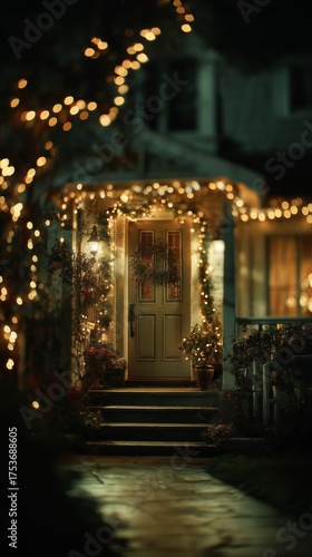 Snowy Winter Night at a Beautifully Decorated Cozy Home Entrance With Festive...