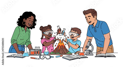 Diverse group of children and adults conducting a science experiment with a volcano model.