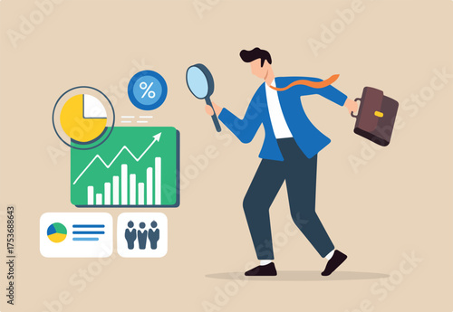 Market research, identifying emerging trends and opportunities, competitive analysis strategy, business intelligence concept vector illustration. Analyst studying reports and graphs