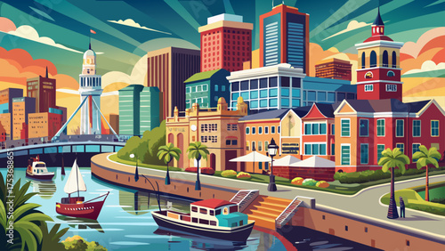 Very beautiful evening view of Wilmington, North Carolina, USA, captured along the scenic Riverwalk with glowing lights reflecting on the calm river, historic buildings, and peaceful waterfront atmosp