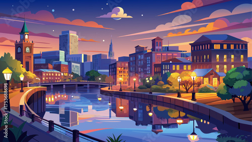Very beautiful evening view of Wilmington, North Carolina, USA, captured along the scenic Riverwalk with glowing lights reflecting on the calm river, historic buildings, and peaceful waterfront 