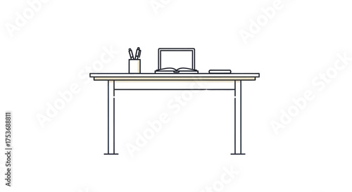 Minimalist line drawing of a desk with laptop and pens.