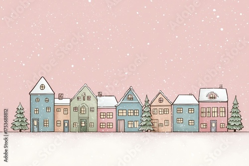 Colorful Snow-Covered Houses Line the Street Under a Soft Pink Sky During Winter