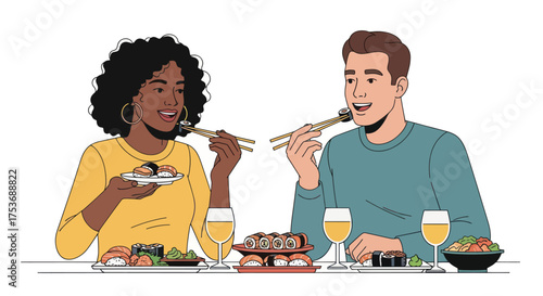 Diverse Couple Enjoying Sushi Dinner with Chopsticks.
