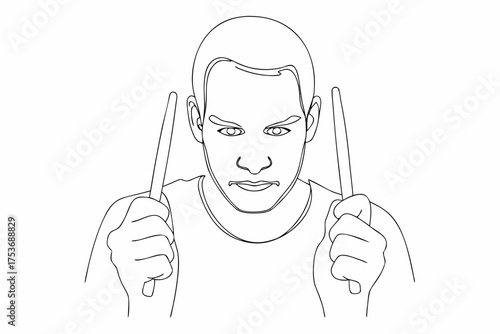 Continuous line drawing of drummer with drumsticks in a powerful pose