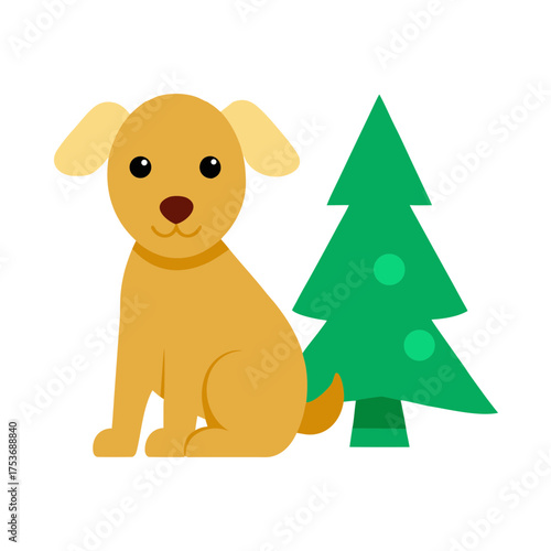 Cute dog sitting next to christmas tree