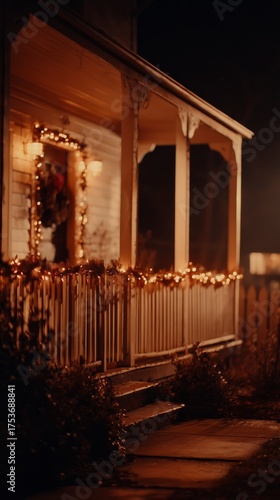 Warm Glow of String Lights Decorating a Front Porch on a Quiet Night