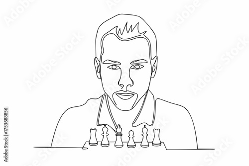 Continuous Line Drawing of Man Playing Chess Strategy and Focus