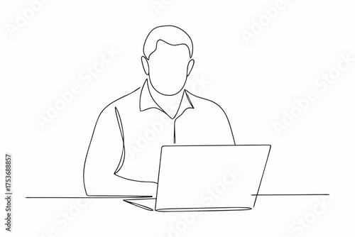 Continuous line drawing of man working on laptop minimal design