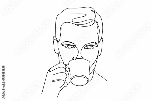 Continuous line drawing of man drinking coffee for morning concept