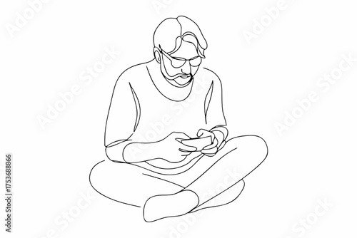 Continuous line drawing of man using smartphone in lotus pose