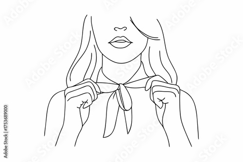 Elegant Woman in Outline Art Tying Neck Scarf Fashion Illustration