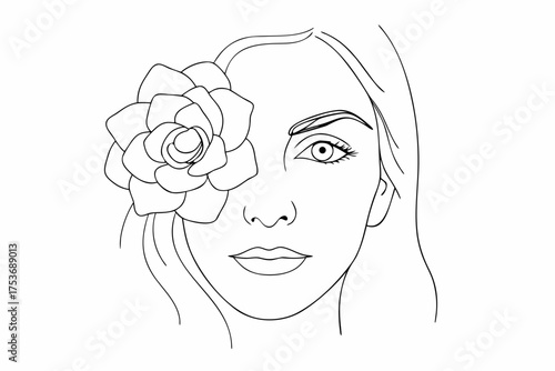 Elegant woman with flower over eye minimalist line art design